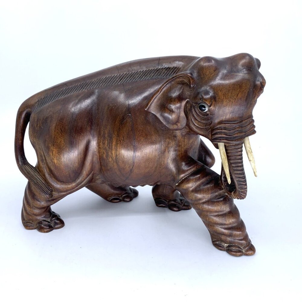 Vintage Thai Hand Carved Teak Wood Elephant Statue w Carved Base 6.5" Hard Wood - Picture 14 of 15